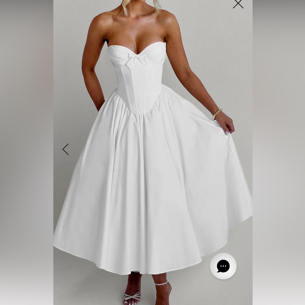 Strapless White Midi Dress with Corset Bodice